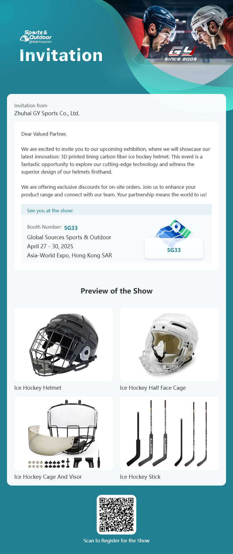 GY Global Sources Sports & Outdoor, Aibreán 27-30,2025, Asia-World Expo, Hong Cong SAR, Booth Uimhir. 5G33